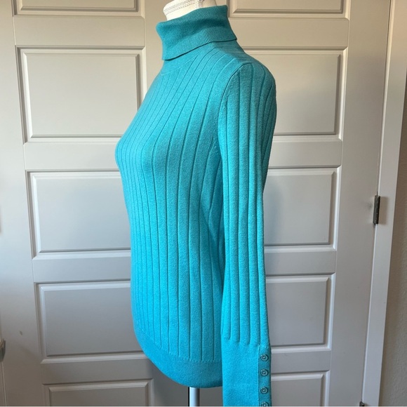 Talbots Ribbed Turtleneck Top Long Sleeve Button Cuff Knit Sweater Teal Small - Picture 4 of 7